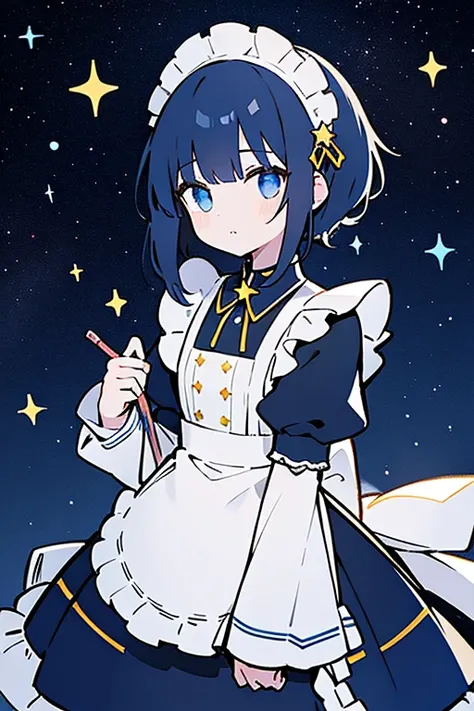 Girl, white skin, starry eyes, messy dark blue hair with yellow strands, star hairpin, maid outfit, space, Voyager