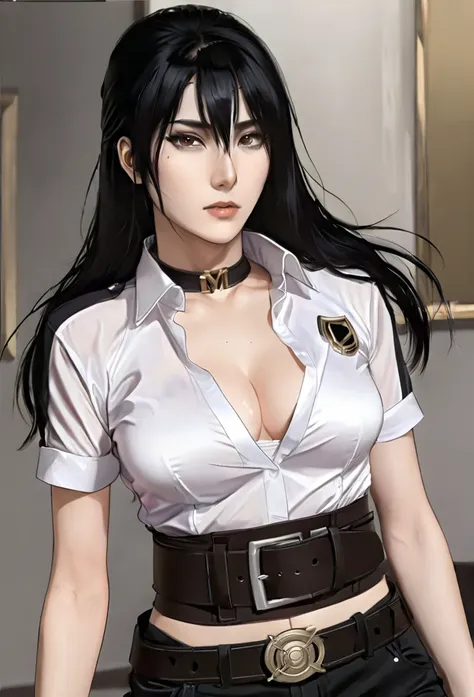 (masterpiece high quality, modern clothes) half body, 24 years, caitlyn, black hair, 1girl, long hair, bangs, black attire, normal , messy hair, white top suit, black clothes, anime style character, highly detailed exquisite fanart, realistc anime, black e...