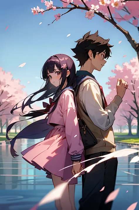 A high school girl and high school boy that is standing back to back and there are cherry blossoms floating around