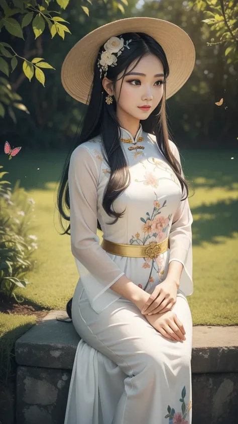 (ao dai:1.1,beautiful detailed eyes,beautiful detailed lips,extremely detailed eyes and face,long eyelashes), flower garden with vibrant colors,green grass and blooming flowers,traditional Vietnamese hat on her head,colourful butterflies and birds flying a...