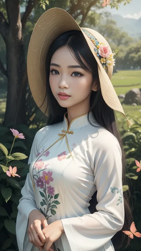 (ao dai:1.1,beautiful detailed eyes,beautiful detailed lips,extremely detailed eyes and face,long eyelashes), flower garden with vibrant colors,green grass and blooming flowers,traditional Vietnamese hat on her head,colourful butterflies and birds flying a...