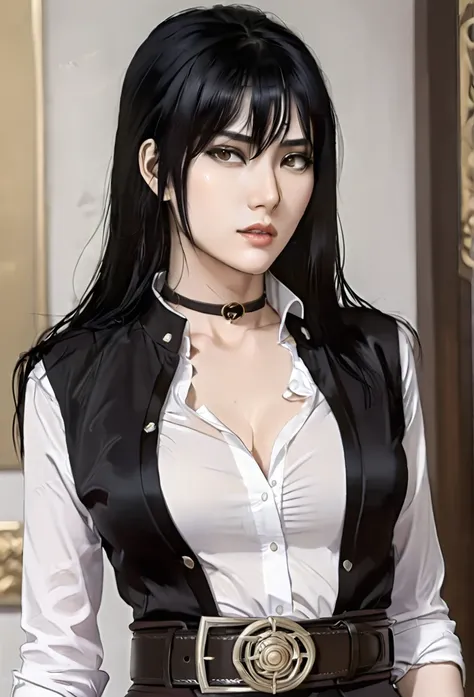 (masterpiece high quality, modern clothes) half body, 24 years, caitlyn, black hair, 1girl, long hair, bangs, black attire, normal , messy hair, white top suit, black clothes, anime style character, highly detailed exquisite fanart, realistc anime, black e...