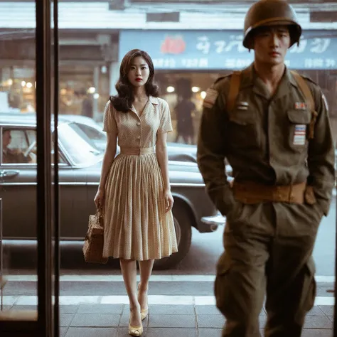 there is a woman in a dress and a man in a uniform, korean film noir, 1950s korean film noir, 1950s korean thriller film noir, still from a live action movie, scene from live action movie, still from the movie, nostalgic 8k, still image from the movie, fil...