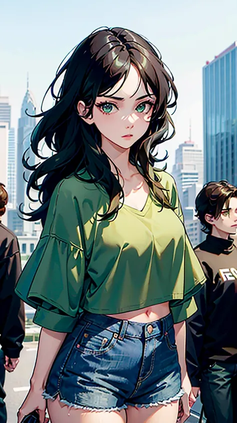 She has deep green eyes, a sculpted face with delicate features, a defined jawline, and slightly rounded cheekbones. She is wearing a modern outfit: a stylish cropped top and short denim shorts. Her new look includes a freshly styled hairdo, loose and wavy...