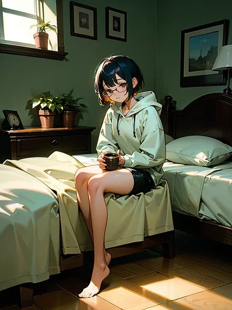 1girl, short hair, wearing white hoodie and black shorts, inside the bedroom, in the bed, sitting, sleepy expression, morning, there are few books inside the room, a dresser with glasses, alarm and some plants on pot on top of the dresser, wooden floor, so...