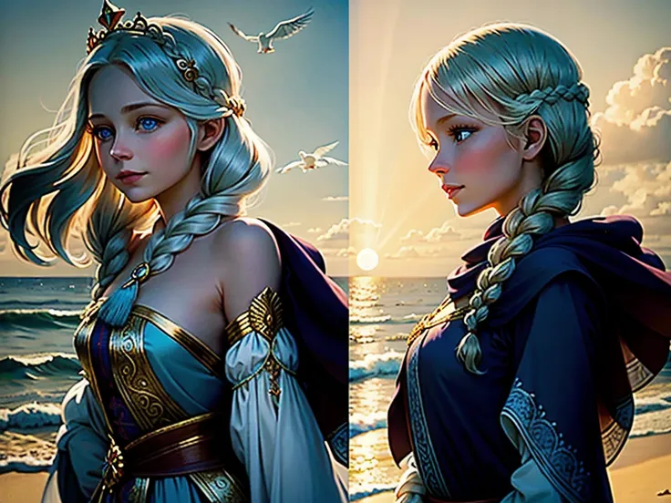 there is one girl coming out of the sea, the Swan Princess from Russian mythology, a beautiful calm face, blue eyes, blond long hair braided into one braid, the moon moon is woven into the hair on the back of the head, white old Russian shining clothes, a ...