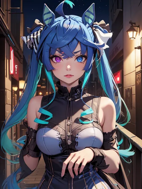 (Masterpiece, best quality, high res、highly detailed cg: 1),(((prostitutes))),((pov, Narrow eyes, Seductive)), lipstick, touts, nightlife、nsfw, Night town, Twin_Turbo_Umamusume, aqua hair, twintails, heterochromia, purple eyes, blue eyes, small breasts, ho...