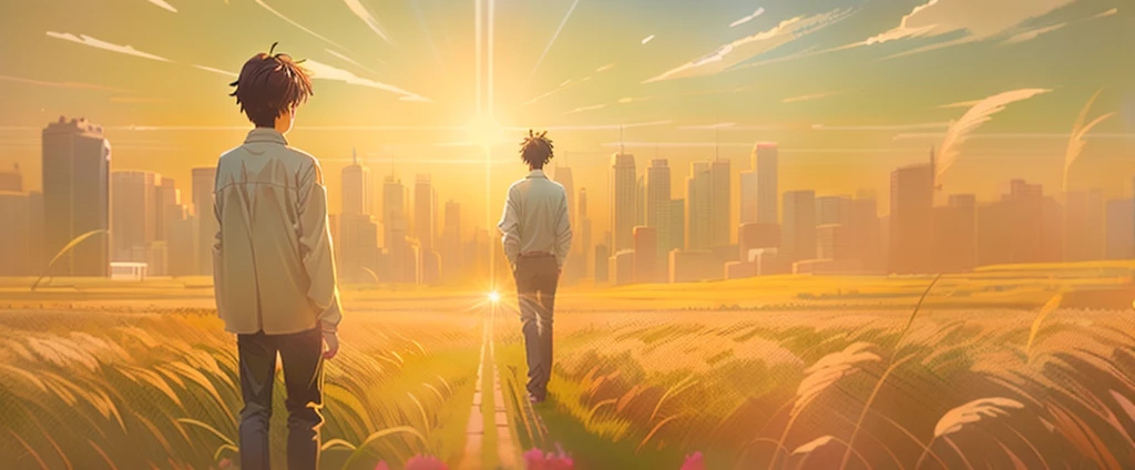 an old man stood with his back to the sun in a field full of tall grass, style of shinkai makoto, ( ( shinkai makoto ) ), shinka...