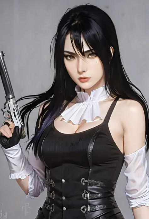 (masterpiece high quality, modern clothes) face focuss, 3x4 , 24 years, caitlyn, black hair, 1girl, long hair, bangs, black attire, normal , messy hair, white top suit, black clothes, anime style character, highly detailed exquisite fanart, realistc anime,...