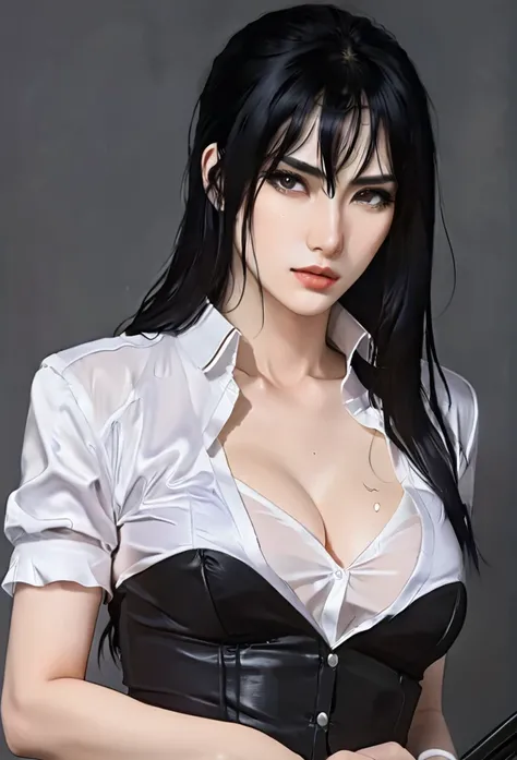 (masterpiece high quality, modern clothes) face focuss, 3x4 , 24 years, caitlyn, black hair, 1girl, long hair, bangs, black attire, normal , messy hair, white top suit, black clothes, anime style character, highly detailed exquisite fanart, realistc anime,...