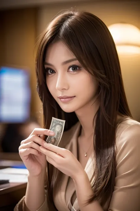 female bank clerk counting cash:1.5, dynamic, cinematic photos,(ultra realistic, high resolution), (highly detailed eyes, highly...