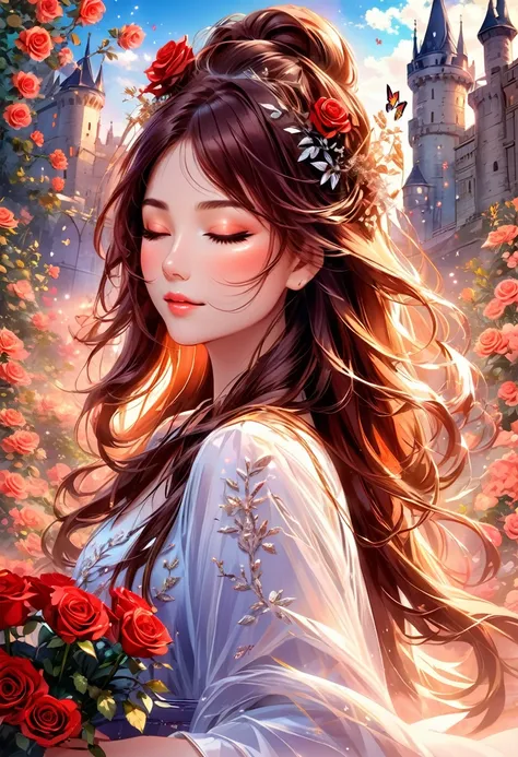 A beautiful woman with long brown hair holding a bouquet of red roses. Her eyes are closed and she brings the bouquet closer to her face. Sparkling, beautiful hair, perfect face, anime style. The background is a fantastic castle, and there are many glowing...