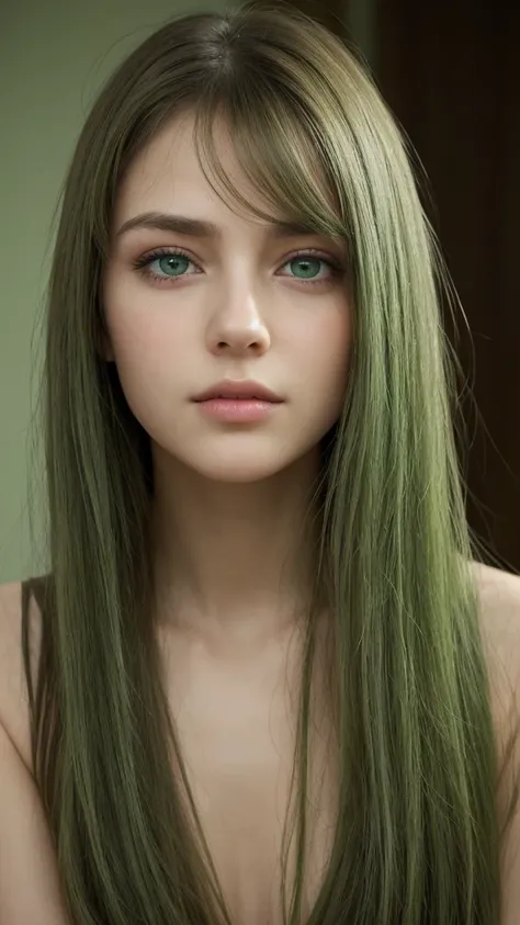 a girl.  face sent feeling.  Europe.  Oval face.  long face.  delicate facial features.  sad eyes.  seductively seductive.  green eyes.  long straight hair.  messy hair.  green hair.  shy.  straight face