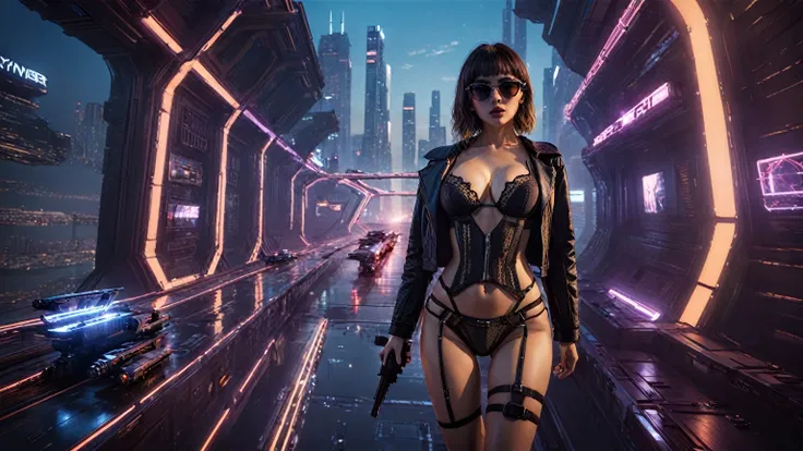 (aerial view), Blade Runner style futuristic sky bridge, (flying cars), neon lights. (1girl, solo, alone), large-breast:1.2 slim body, cleavage:1.1, sexy micro laced lingerie with jacket, (black sunglasses), ((she raised a pistol:1.8 and shot the viewer)),...