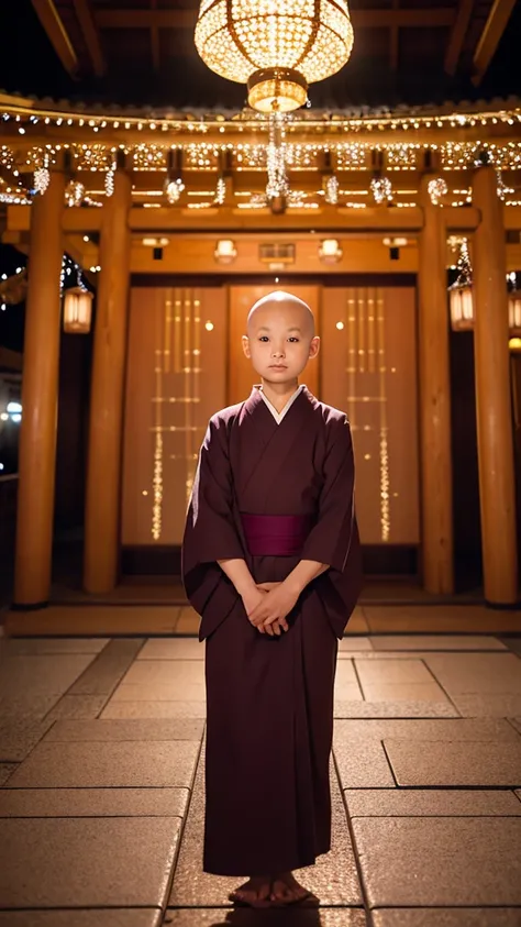 Pretty 2 year old Japanese girl, no hair, arms crossed in front of her, legs crossed in meditation, glaring face, zazen facing camera, looking at camera, monks attire, splendidly decorated building with glittering lights in background, photographed a short...