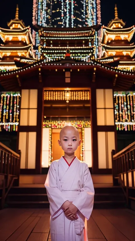 Pretty 2 year old Japanese girl, no hair, arms crossed in front of her, legs crossed in meditation, glaring face, zazen facing camera, looking at camera, monks attire, splendidly decorated building with glittering lights in background, photographed a short...