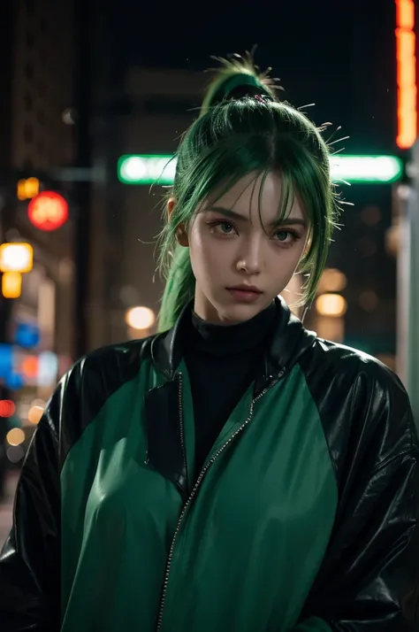 Cyberpunk style，night，Rainy Day，Green hair single ponytail girl