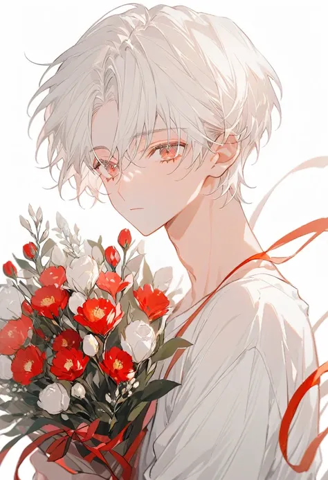 soft lines、boy、white hair、short hair、((((hold light red bouquet))))、💐💐💐💐💐💐💐💐💐💐💐、upper body、whiteｔshirt、white background、front、lo...