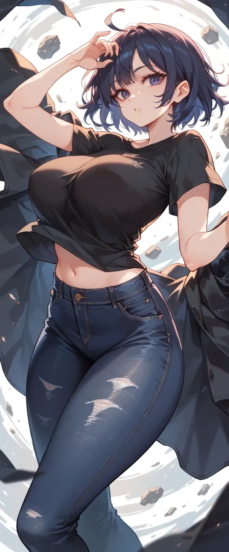 (NSFW:1.2), 1 woman, Large and round breasts, perfect body, He is wearing a black shirt and dark jeans, Dynamic pose, dynamic angle, (random background)