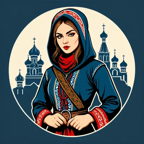 female	thief	in russian folk outfit	,vector graphics, strong contours, logo design																						