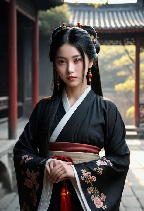 1girl,full body,extremely detailed  face, beautiful detailed eyes,light on face,cinematic lighting,looking at viewer,outdoors,Black hair,(balck Chinese architecture:0.05),hanfu,