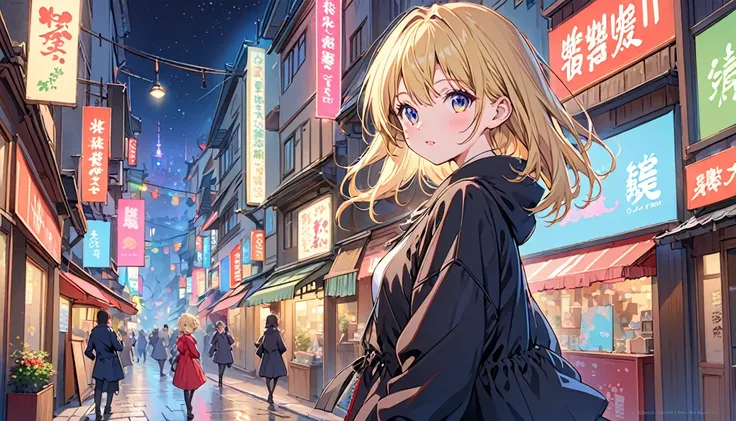 Highest quality,Cute Anime Girl, young,Blonde,In town,neon,night