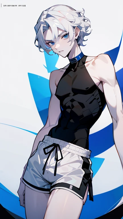 male character , 20 years, pale, white skin, Dark Blue eyes, white hair, wavy and long , delgado, beautiful, black shorts close to the skin, Long black sleeveless T-shirt with close-to-skin collar, small breasts, small waist,