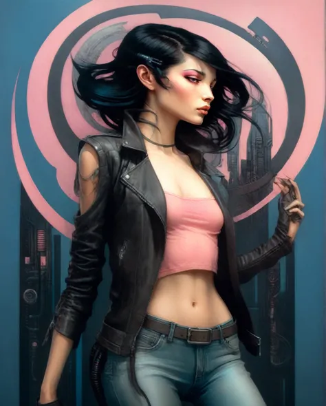 Alphonse Mucha Style - A mysteriously beguiling cyberpunk woman, her smooth black hair falls in a sleek cascade framing striking brown eyes, accentuated by a set of bold bangs. Clad in a stylish leather jacket over a vibrant pink t-shirt and light blue den...