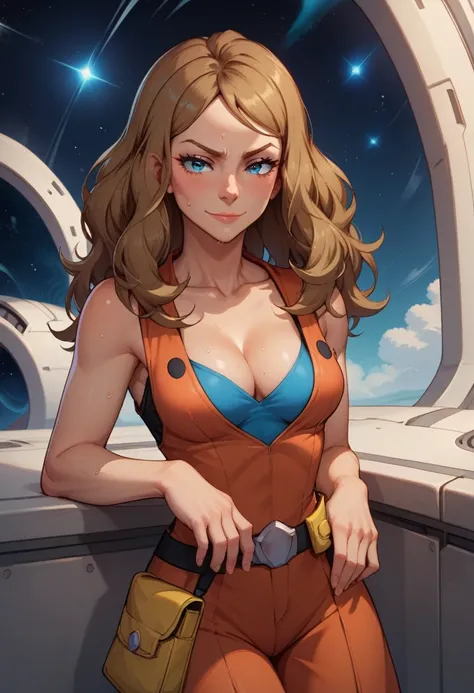 score_9, score_8_up, score_7_up, score_6_up, BREAK Serena from pokemon, Sci-fi outfit, cleavage, medium breasts, seductive smirk,sweating, on a spaceship, in space