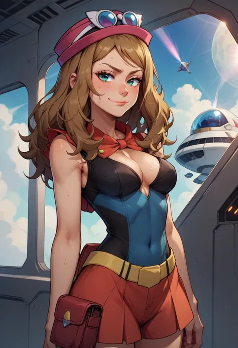 score_9, score_8_up, score_7_up, score_6_up, BREAK Serena from pokemon, Sci-fi outfit, cleavage, medium breasts, seductive smirk,sweating, on a spaceship, in space