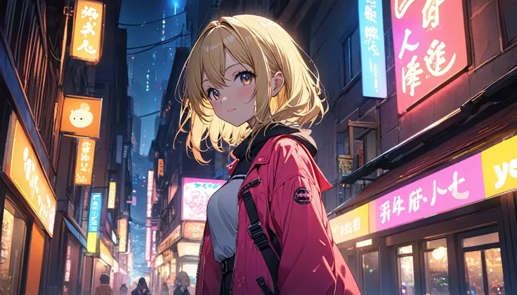 Highest quality,Cute Anime Girl,Blonde,In town,neon,night