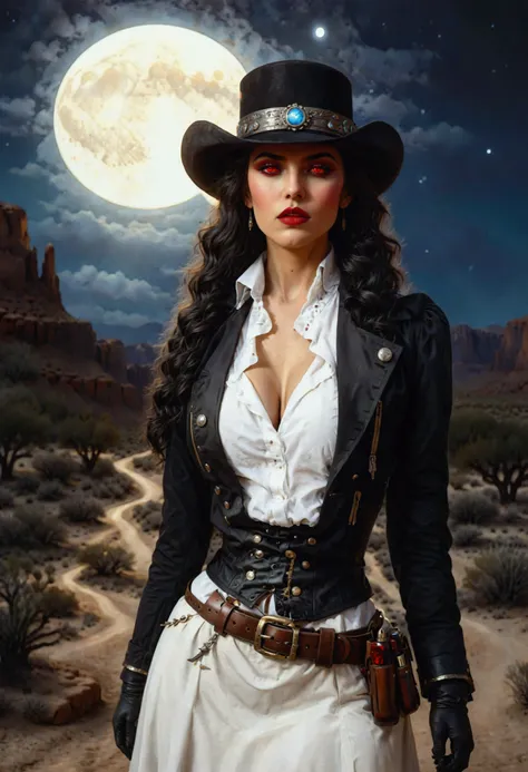 (wild west black and white 19th century photograph style: 1.5) picture of a female vampire cowboy in the desert night, a goth beauty, exquisite beautiful female vampire, ((anatomically correct: 1.5), (ultra detailed face: 1.2), best detailed face, red glow...