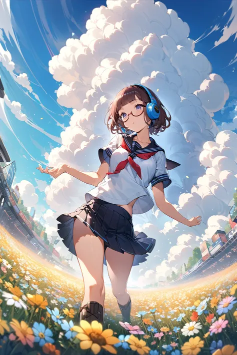 (extremely detailed fine touch:1.3), (((semi-rimless eyewear:1.3))), (headphone:1.2), short hair, blunt bangs, 1 girl, from below, serafuku, short sleeves, mini skirt, (hyper-detailed, flower field:1.2), (hyper-detailed cumulonimbus clouds:1.3)