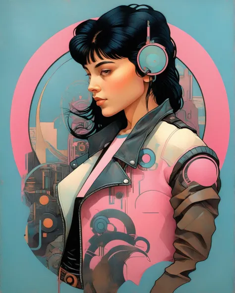 Alphonse Mucha Style - A mysteriously beguiling cyberpunk woman, her smooth black hair falls in a sleek cascade framing striking brown eyes, accentuated by a set of bold bangs. Clad in a stylish leather jacket over a vibrant pink t-shirt and light blue den...