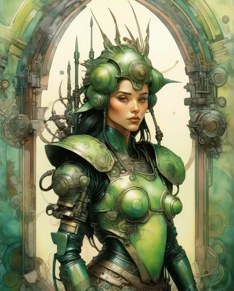 Alphonse Mucha Style - masterpiece, best quality, ultra high resolution, visually stunning, beautiful, award-winning art (abstract art: 1.3), beautiful )))the CYBERPUNK rpg style extremely detailed of a heavy armor mercinaries- greensceen goblin , Watercol...