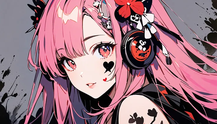 (((Ink Painting))), Fashion portrait color photos, (((1 girl))), (((Heart tattoo on face))), (((Gorgeous hair accessories))), Japanese style headphones, Japanese beautiful girl, pink Hair