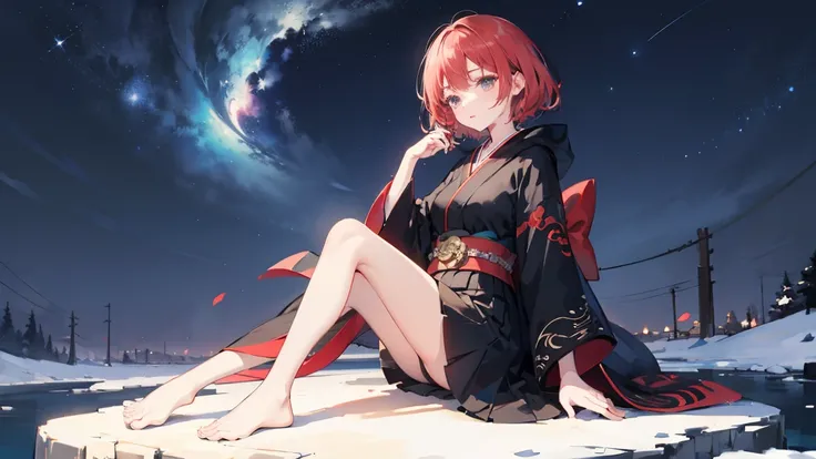 ((best quality)), ((masterpiece)), (detailed)), red hair, black dress, kimono oni belt, flowy dress skirt, night sky, full body, sitting, hooded top