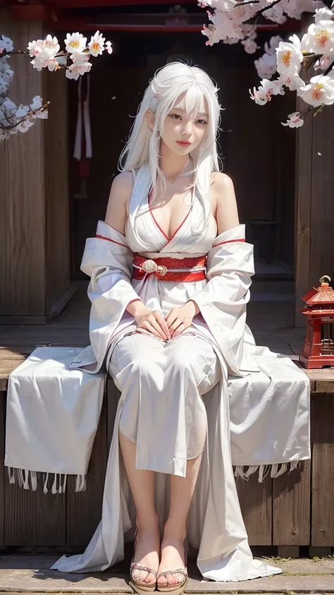 ((Styled white hair:1.5))(A shrine maiden dressed in beautiful shrine maiden clothes:1.3), Symmetric, (highest quality, Realistic:1.4, RAW Photos:1.2, Cinematic Light, Highly detailed illustration), (1woman:1.3, alone), (Asian 25 year old girl, Very delica...