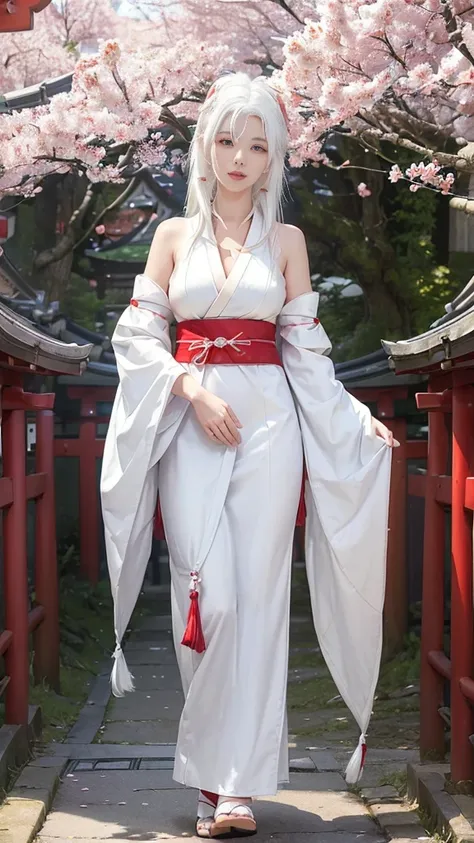 ((Styled white hair:1.5))(A shrine maiden dressed in beautiful shrine maiden clothes:1.3), Symmetric, (highest quality, Realistic:1.4, RAW Photos:1.2, Cinematic Light, Highly detailed illustration), (1woman:1.3, alone), (Asian 25 year old girl, Very delica...