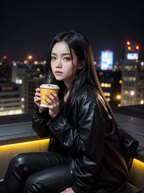  red skin, yellow eyes, long black hair, wearing  black jacket, sit on the rooftop, coffe in hand, light in city, night