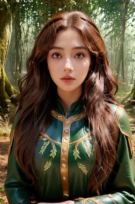 dark skin, Detail of beautiful young woman, red gold brown hair, Long-term, Curly and messy hair, Detailed perfect green eyes, Exquisite, symmetrical and realistic face shape, (Magical forest background),  Ranger Costume Leather Armor, Fairy, Wildflowers b...