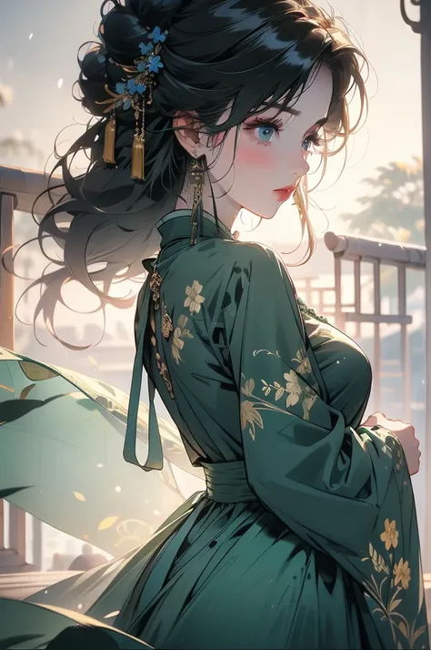 Surreal 8K, CG, Flawless, Seductive expression, Intricate details, 22-year-old girl wearing chiffon Chinese long skirt, Best quality, Realistic photos,Light green dress, beautiful hairpins and jewelry hanging in the hair