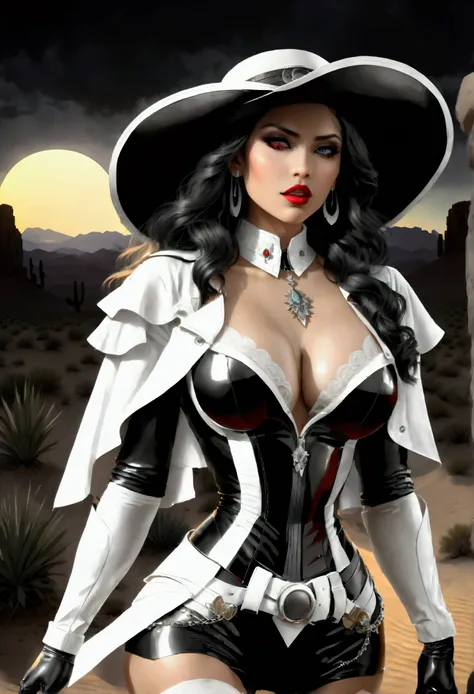 (wild west black and white 19th century photograph style: 1.5) picture of a female vampire cowboy in the desert night, a goth beauty, exquisite beautiful female vampire, ((anatomically correct: 1.5), (ultra detailed face: 1.2), best detailed face, red glow...