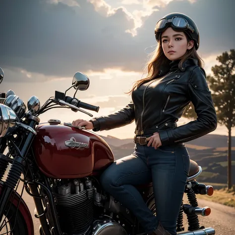 a beautiful young female rider in a vintage leather jumper and Cromwell helmet with goggles standing on the back of her retro Triumph motorcycle in the English countryside landscape after the rain, detailed photorealistic, ultra-detailed, 8k, (best quality...