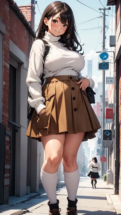 a girl, chubby body, chubby stomach, big hips, sexy thighs, beautiful face, beautiful eyes, ((straight wavy black hair, black eyes)), smiling, blushing, standing, ((white turtleneck sweater, ((brown mini cargo skirt with pockets)), white sneakers, thigh hi...