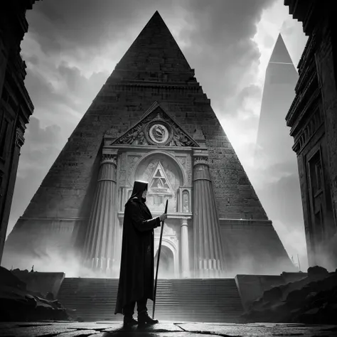 a grim reaper in front of a pyramid,vintage photograph,dramatic lighting,dramatic pose,cinematic,moody,dark and eerie atmosphere,high contrast,rich tones,detailed textures,sharp focus,ultra-detailed