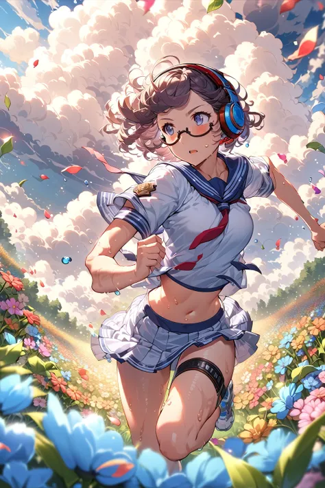 (extremely detailed fine touch:1.3), (((semi-rimless eyewear:1.3))), (headphone:1.2), short hair, blunt bangs, 1 girl, solo, running, serafuku, short sleeves, mini skirt, midriff, (hyper-detailed, flower field:1.2), (hyper-detailed cumulonimbus clouds:1.3)...