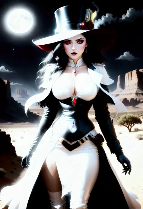 (wild west black and white 19th century photograph style: 1.5) picture of a female vampire cowboy in the desert night, a goth beauty, exquisite beautiful female vampire, ((anatomically correct: 1.5), (ultra detailed face: 1.2), best detailed face, red glow...