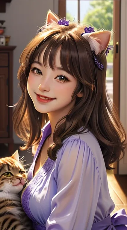 In this ultra-detailed CG art, Cute kittens, Laughter, Highest quality, High resolution, Intricate details, Fantasy, Cute Animals, purple, interesting, Open your mouth!! smile!!!、Brown tabby cat、