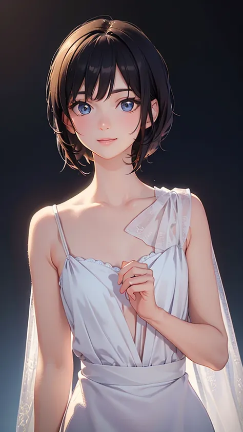 Beautiful detailed short black hair, Beautifully detailed face, Beautiful attention to detail, Beautiful clavicle, Beautiful body, Blue open-necked dress, Baby Face, Small breasts, (photoRealistic:1.4), (masterpiece, Side light, Exquisite beautiful eyes: 1...